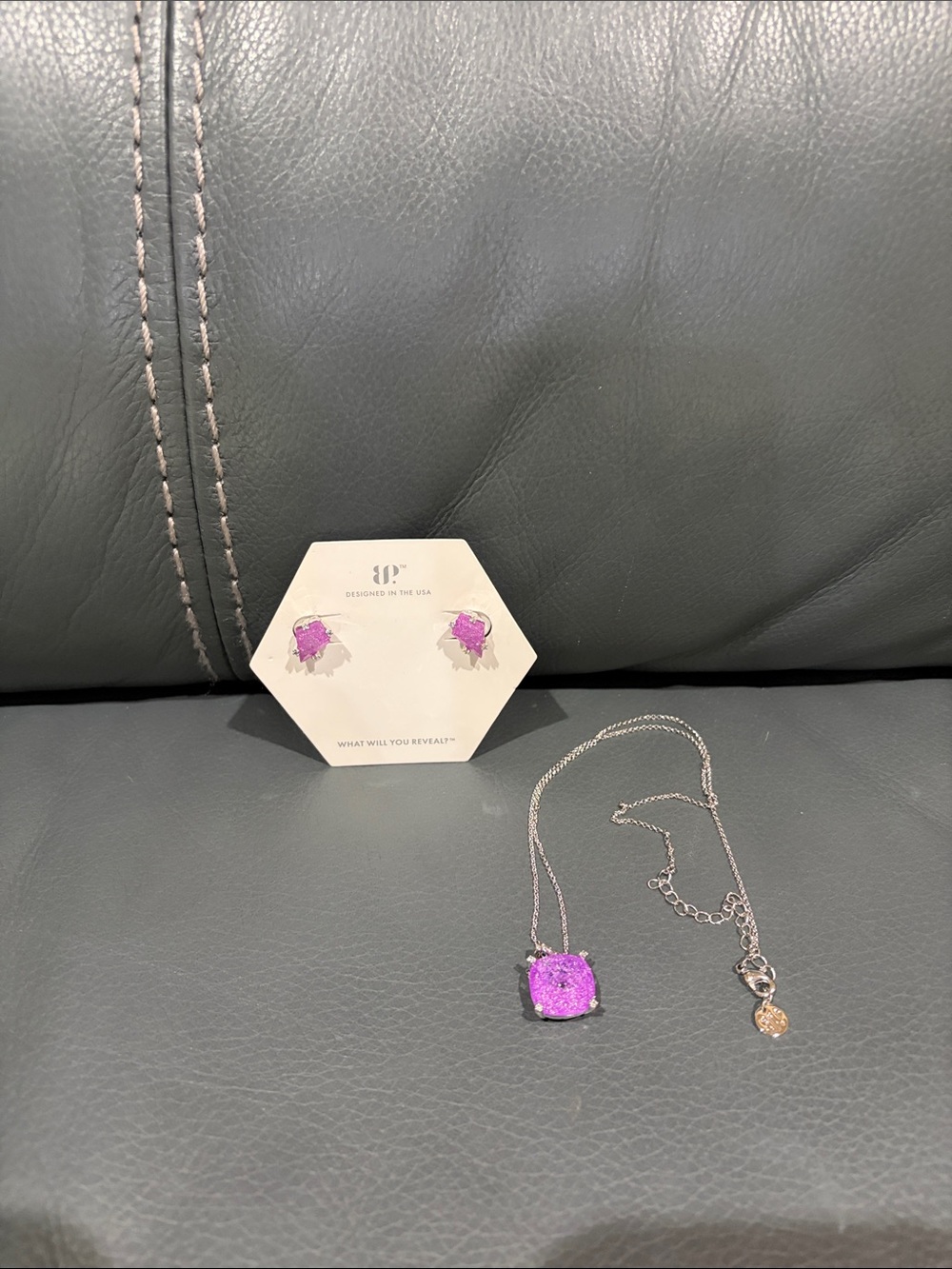 New Purple Druzy Pendant Necklace and Stud Earrings Set - Women Jewelry